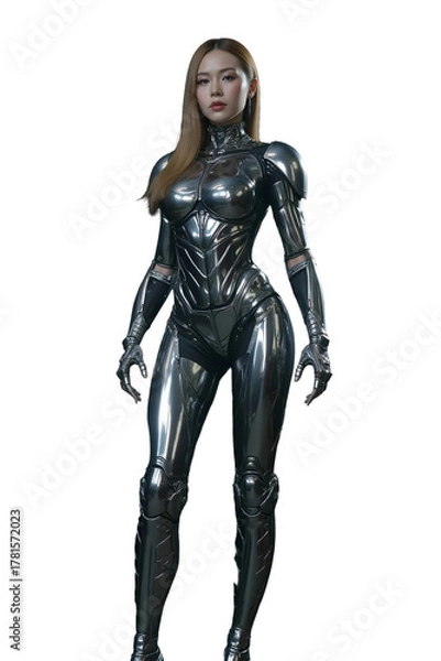 Fototapeta A dramatic and futuristic studio portrait of a young Asian woman wearing a highly detailed, shiny black cyborg or robotic suit.