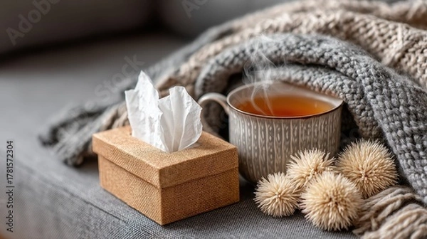 Obraz A woman wrapped in a blanket sitting on a sofa holding a tissue box beside a cup of hot tea with warm morning light creating a cozy yet sick day atmosphere