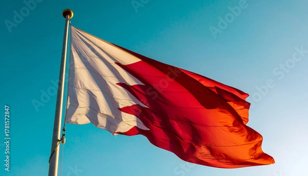 Fototapeta Bahrain's vibrant flag dances in the wind against a bright blue sky, a symbol of national pride and global connection, perfect for travel or cultural projects