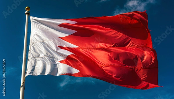 Fototapeta Bahrain's vibrant national flag waves proudly against a beautiful blue sky, representing patriotism, unity and cultural identity in the Middle East