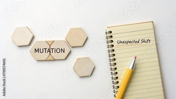 Fototapeta Mutation Concept with Wooden Hexagons and Notebook Showing Unexpected Shift on Clean White Background