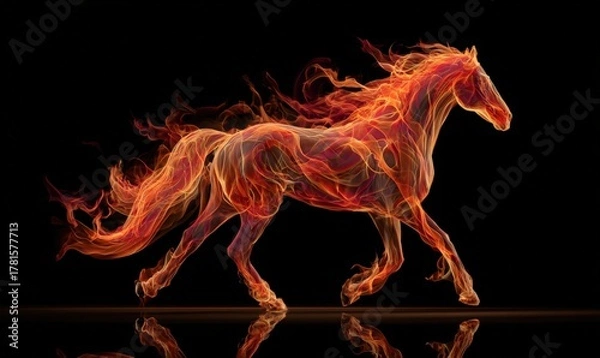 Fototapeta A horse with flames on its body is running through a dark background