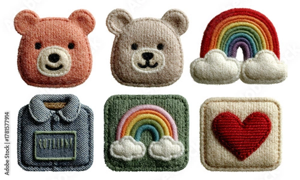 Fototapeta Colorful Embroidered Patches Featuring Bear, Rainbow, and Heart Designs