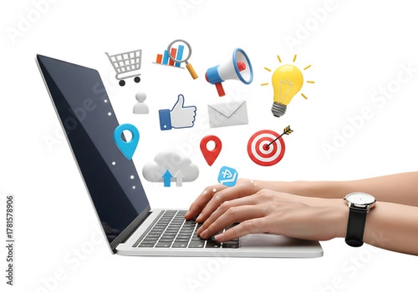 Fototapeta Digital marketing icons emerge from laptop screen with hands typing