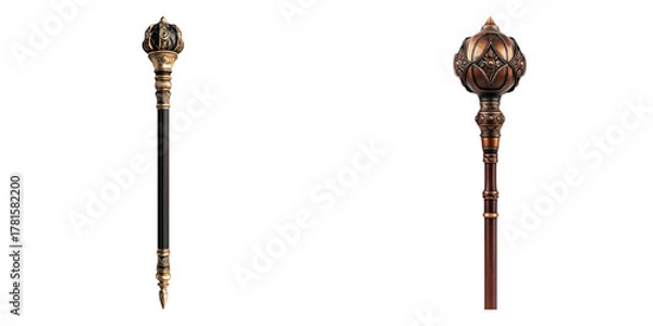 Fototapeta Two antique scepters with ornate designs, perfect for historical or fantasy themed projects. The detailed craftsmanship is evident, showcasing the beauty of the time period