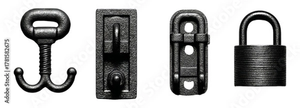 Fototapeta Isolated Set of Black Metal Fasteners and Locks on Transparent Background