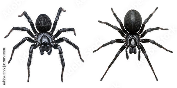 Fototapeta Two black spiders isolated on a background, showing detail of their unique features and structure