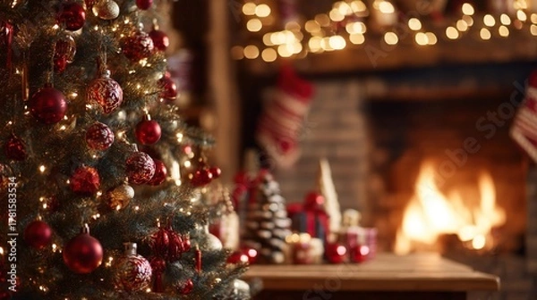 Fototapeta Christmas tree with red ornaments, blurred fireplace background and holiday decorations on wooden table creating festive winter celebration atmosphere.