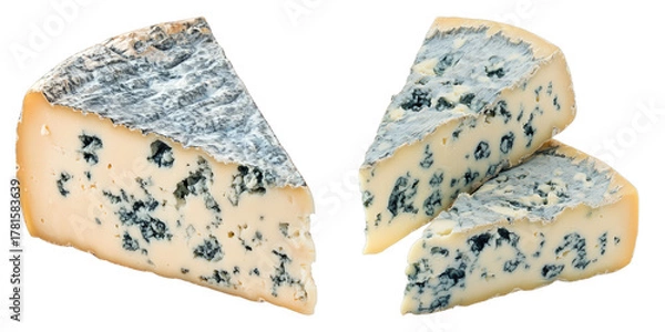 Fototapeta Delicious slices of blue cheese, showcasing a rich texture and exquisite flavors. The cheese is presented in attractive slices, emphasizing its unique taste