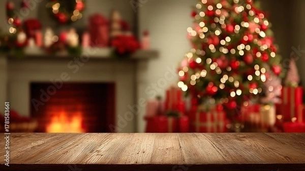 Fototapeta Christmas tree with red ornaments, blurred fireplace background and holiday decorations on wooden table creating festive winter celebration atmosphere.
