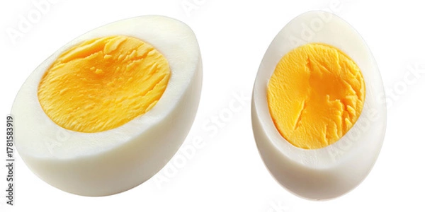 Fototapeta Two halves of a perfectly boiled egg with a bright yellow yolk, showcasing a delicious and nutritious breakfast item