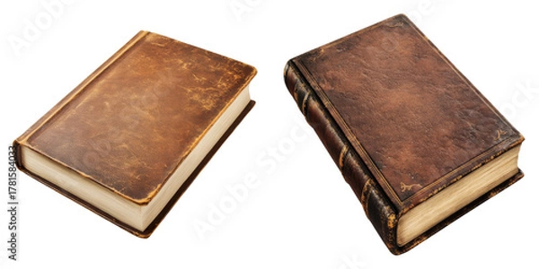 Fototapeta Two vintage leather-bound books side by side. Showing the textured covers and aged pages