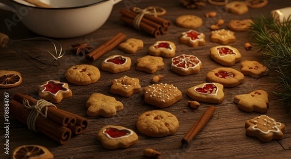 Fototapeta Assortment of festive Christmas cookies and spices on a rustic wooden table.