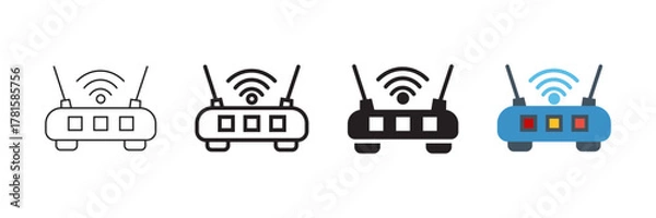 Fototapeta Set of minimalist wireless router icons with transparent background, depicting network devices for home and office internet connection, wifi access points, vector illustration
