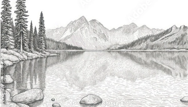 Fototapeta Serene Mountain Lake Landscape with Trees and Reflections in Black and White.