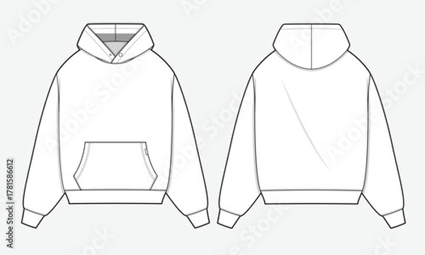 Fototapeta Kangaroo pocket hoodie front and back view flat drawing vector design mockup template.