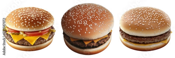 Fototapeta Three appetizing burgers with various toppings, close-up shot