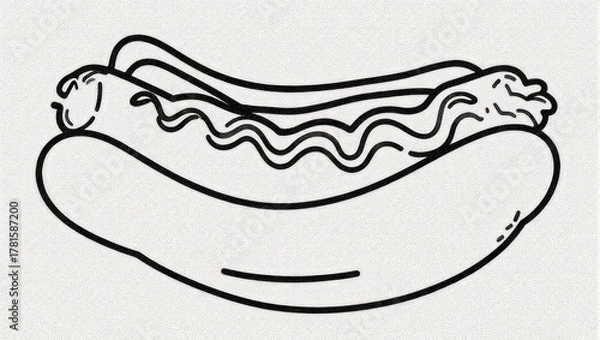 Obraz Simple black and white line art of a hot dog with mustard.