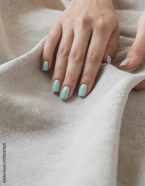 Fototapeta A serene close-up view captures hands with delicate mint green nails gently caressing the soft, textured surface of natural linen fabric, highlighting comfort and natural beauty