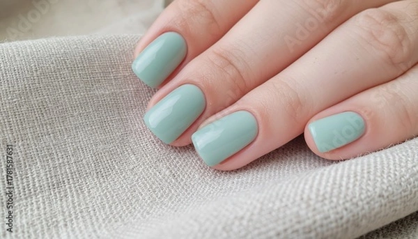 Fototapeta Perfectly manicured hands with trendy mint green nails resting on a textured linen fabric, showcasing elegance and style