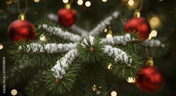 Fototapeta Close up of a decorated Christmas tree branch with red baubles and snow.