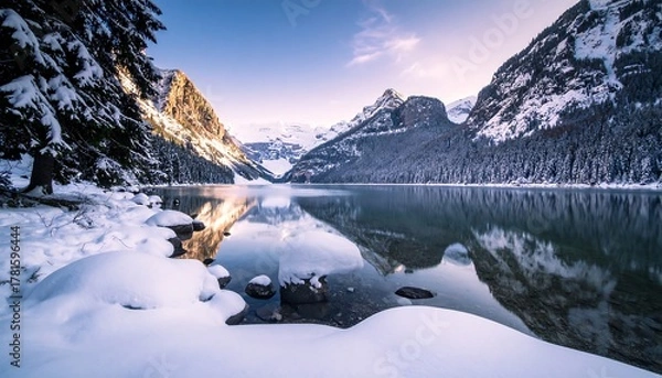 Obraz Serene, snowy mountain lake with pristine reflections