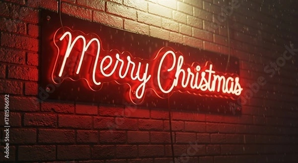 Fototapeta Festive merry christmas neon sign glowing brightly on a brick wall during a light snowfall creating a warm holiday atmosphere and inviting seasonal cheer