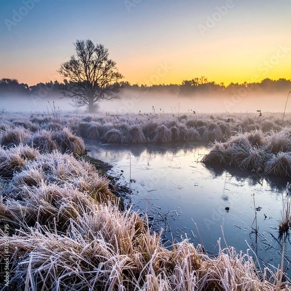 Obraz Serene sunrise over a frosty field and calm stream