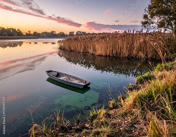 Obraz Serene sunrise over calm waters with a boat and lakeside reeds