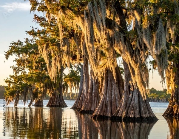 Obraz Serene swamp scene with majestic trees and Spanish moss reflections