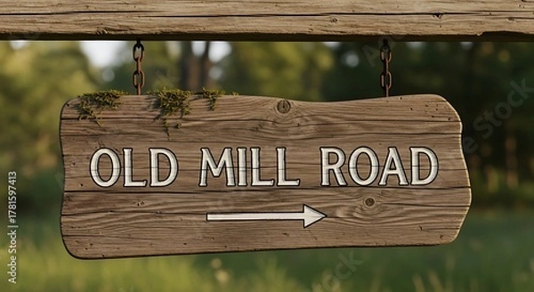 Fototapeta Rustic wooden sign pointing the way to Old Mill Road with an arrow in a natural outdoor setting perfect for travel and directional themes and designs