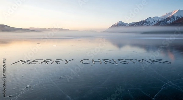 Fototapeta Merry christmas message written on a frozen lake with mountains and fog in the background at sunrise creating a serene winter holiday scene