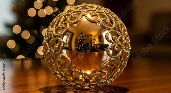 Fototapeta Ornate golden christmas ornament reflecting a decorated tree and cozy living room interior on a wooden surface creating a festive holiday atmosphere at home