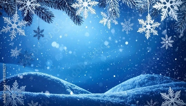 Fototapeta Peaceful snowy landscape in cool blue tones with delicate snowflakes drifting through the air. A calm and magical winter backdrop that evokes serenity and seasonal beauty.