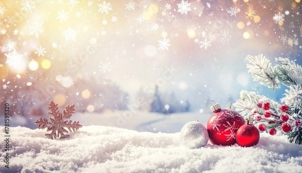 Obraz Red Christmas ornaments resting on fresh snow with soft bokeh lights and a winter forest in the background. A warm and cheerful holiday composition blending cold and color.