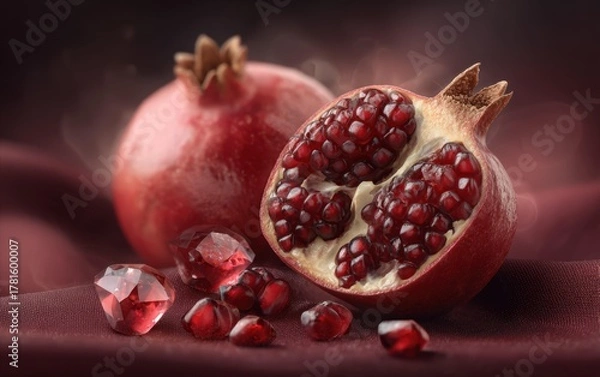 Fototapeta Opulent pomegranate image with open fruit revealing red seeds, and gemstones, with a dark and luxurious aesthetic perfect for high-end themes.