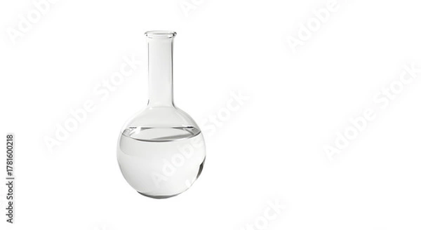 Fototapeta Glass round bottom laboratory flask with clear liquid isolated on white background