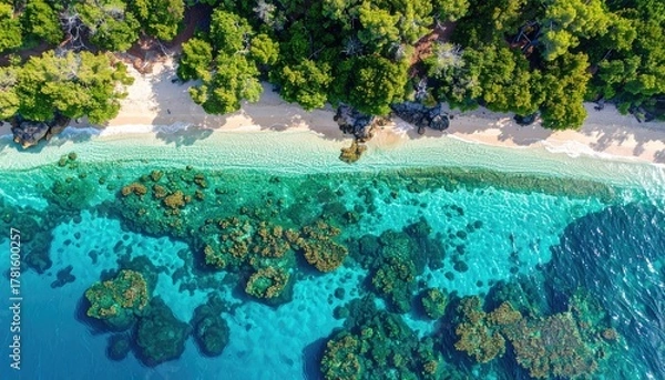 Obraz Remote Tropical Beach From Above With Lush Green Palm Forest Contrasting The Crystal Clear Turquoise Sea And Sunlit Coral Reefs Below Showing A Serene Unspoiled Paradise In Bright Daylight