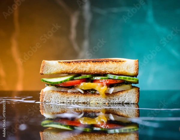 Fototapeta Vegetarian sandwich with fresh vegetables sits on reflective surface with colorful backdrop in studio lighting, showcasing healthy eating and vibrant presentation.