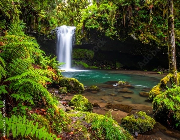 Obraz Serene waterfall cascading into a clear pool surrounded by lush foliage