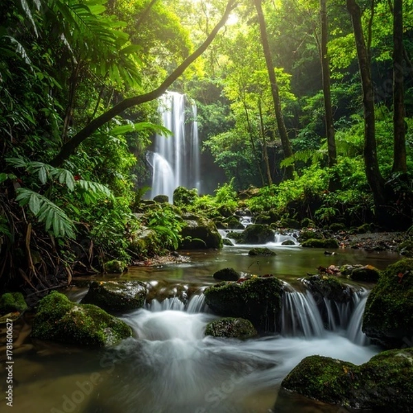 Obraz Serene waterfall cascading into a crystal clear stream, surrounded by lush, vibrant greenery