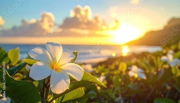 Fototapeta White Plumeria Flower in Sunlight with Ocean and Mountain Background During Golden Hour