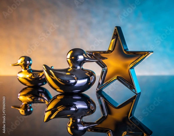Fototapeta Shiny metal ducks and star reflect on a dark surface with golden and blue light creating a festive and luxurious atmosphere.