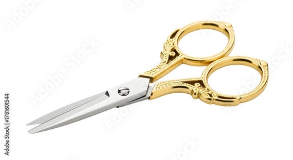 Fototapeta Gold-handled embroidery scissors on white background