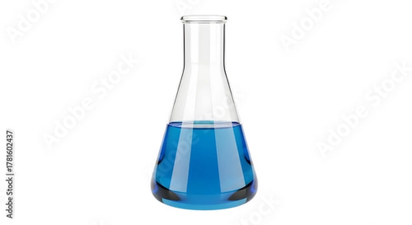 Fototapeta Erlenmeyer flask containing blue liquid on white background