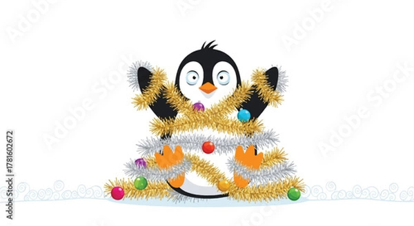 Fototapeta A cute cartoon penguin is sitting in the snow, tangled in gold and silver tinsel and colorful Christmas ornaments.