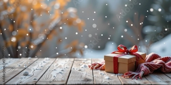 Obraz Gift box on snowy wooden table with a wintery background and falling snowflakes.