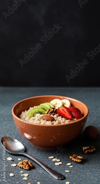 Fototapeta A warm, inviting bowl of wholesome oat porridge with fresh fruit and nuts, symbolizing a nutritious and energy-boosting breakfast choice ,bright ,studio shot ,clean eating