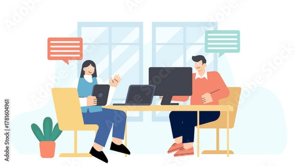 Obraz Business People Working at Shared Desk Flat Vector Illustration