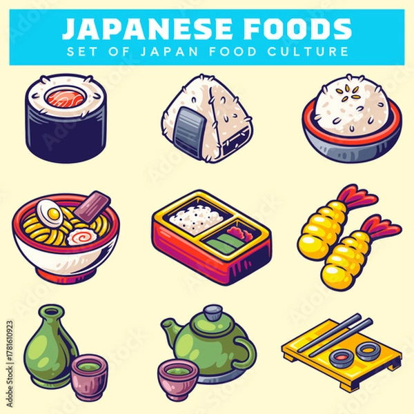 Fototapeta Japan Food Culture Collection. Traditional Japanese Meal with Sushi, Ramen, Rice, Noodles, and Matcha Tea. Set Element for Asian Cuisine. Restaurant Dining Culture in Cartoon Colorful Color